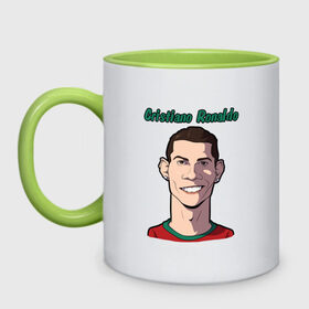 Кружка двухцветная с принтом Cristiano Ronaldo в Тюмени, керамика | объем — 330 мл, диаметр — 80 мм. Цветная ручка и кайма сверху, в некоторых цветах — вся внутренняя часть | real madrid | ronaldo | роналду | футбол