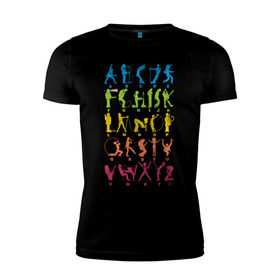 Мужская футболка премиум с принтом Рок алфавит (без расшифровки) в Тюмени, 92% хлопок, 8% лайкра | приталенный силуэт, круглый вырез ворота, длина до линии бедра, короткий рукав | kiss | nirvana | ozzy | rock | алфавит | группы | рок