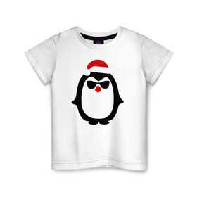 Детская футболка хлопок с принтом Крутой пингвин дед мороз в Тюмени, 100% хлопок | круглый вырез горловины, полуприлегающий силуэт, длина до линии бедер | Тематика изображения на принте: крутой пингвин дед морозкрутой пингвин дед мороз новый год