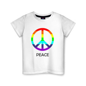 Детская футболка хлопок с принтом Мир (Peace). Пацифик в Тюмени, 100% хлопок | круглый вырез горловины, полуприлегающий силуэт, длина до линии бедер | Тематика изображения на принте: (peace) | венок | знак | на картинке изображен знак пацифик и надпись peace   мирмир | пацифик | пис