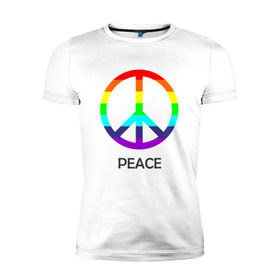 Мужская футболка премиум с принтом Мир (Peace). Пацифик в Тюмени, 92% хлопок, 8% лайкра | приталенный силуэт, круглый вырез ворота, длина до линии бедра, короткий рукав | (peace) | венок | знак | на картинке изображен знак пацифик и надпись peace   мирмир | пацифик | пис