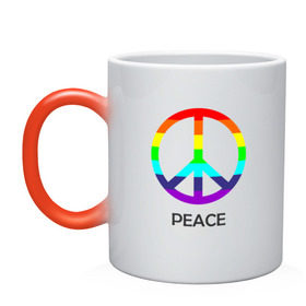 Кружка хамелеон с принтом Мир (Peace). Пацифик в Тюмени, керамика | меняет цвет при нагревании, емкость 330 мл | (peace) | венок | знак | на картинке изображен знак пацифик и надпись peace   мирмир | пацифик | пис