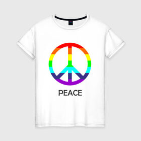 Женская футболка хлопок с принтом Мир (Peace). Пацифик в Тюмени, 100% хлопок | прямой крой, круглый вырез горловины, длина до линии бедер, слегка спущенное плечо | Тематика изображения на принте: (peace) | венок | знак | на картинке изображен знак пацифик и надпись peace   мирмир | пацифик | пис