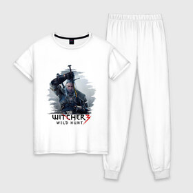 Женская пижама хлопок с принтом The Witcher 3 в Тюмени, 100% хлопок | брюки и футболка прямого кроя, без карманов, на брюках мягкая резинка на поясе и по низу штанин | ведьмак