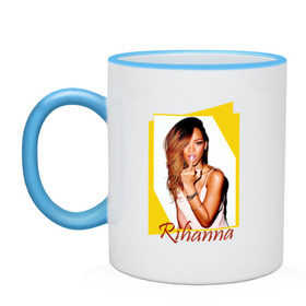 Кружка двухцветная с принтом Rihanna в Тюмени, керамика | объем — 330 мл, диаметр — 80 мм. Цветная ручка и кайма сверху, в некоторых цветах — вся внутренняя часть | Тематика изображения на принте: badgirl | rihanna | riri | риана | рианна | рнб