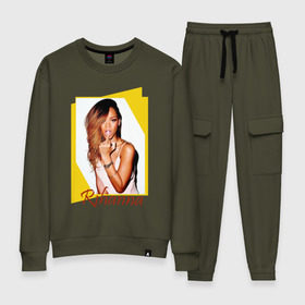 Женский костюм хлопок с принтом Rihanna в Тюмени, 100% хлопок | на свитшоте круглая горловина, мягкая резинка по низу. Брюки заужены к низу, на них два вида карманов: два 