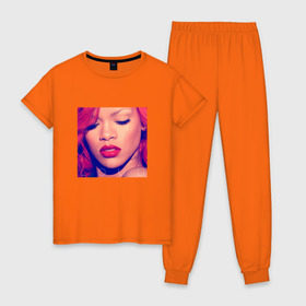 Женская пижама хлопок с принтом Rihanna в Тюмени, 100% хлопок | брюки и футболка прямого кроя, без карманов, на брюках мягкая резинка на поясе и по низу штанин | badgirl | rihanna | riri | риана | рианна | рнб