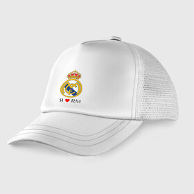 Детская кепка тракер с принтом Я люблю Реал Мадрид в Тюмени, Козырек - 100% хлопок. Кепка - 100% полиэстер, Задняя часть - сетка | универсальный размер, пластиковая застёжка | реал мадрид  реал мадрид футбол испания