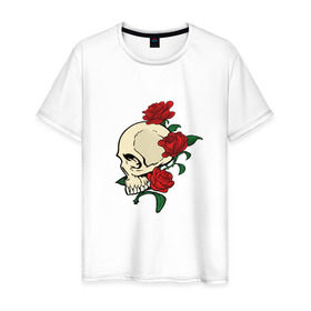 Мужская футболка хлопок с принтом Skull & roses в Тюмени, 100% хлопок | прямой крой, круглый вырез горловины, длина до линии бедер, слегка спущенное плечо. | розы