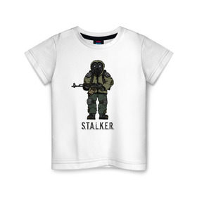 Детская футболка хлопок с принтом Сталкер в Тюмени, 100% хлопок | круглый вырез горловины, полуприлегающий силуэт, длина до линии бедер | Тематика изображения на принте: shooter | stalker | радиация | шутер