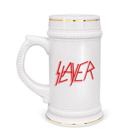 Кружка пивная с принтом Slayer logo в Тюмени,  керамика (Материал выдерживает высокую температуру, стоит избегать резкого перепада температур) |  объем 630 мл | alternative rock | pank | punk | rock | slayer | альтернативный рок | метал | панк | рок | слаер | тяжелая музыка | хард рок | хеви метал