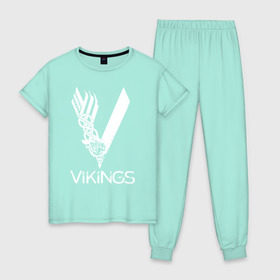Женская пижама хлопок с принтом Vikings в Тюмени, 100% хлопок | брюки и футболка прямого кроя, без карманов, на брюках мягкая резинка на поясе и по низу штанин | vikings | викинги | сериал