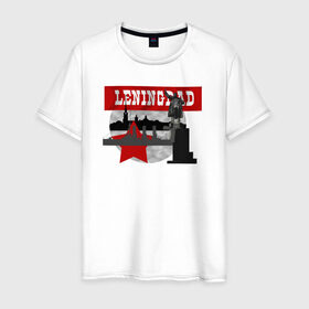 Мужская футболка хлопок с принтом Ленинград белая база в Тюмени, 100% хлопок | прямой крой, круглый вырез горловины, длина до линии бедер, слегка спущенное плечо. | аврора | ленин | ленинградская символика ленинград