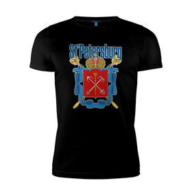 Мужская футболка премиум с принтом Спб герб синяя база в Тюмени, 92% хлопок, 8% лайкра | приталенный силуэт, круглый вырез ворота, длина до линии бедра, короткий рукав | герб | герб санкт петербургапитер | санкт петербург