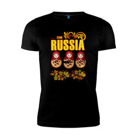 Мужская футболка премиум с принтом National team Russia в Тюмени, 92% хлопок, 8% лайкра | приталенный силуэт, круглый вырез ворота, длина до линии бедра, короткий рукав | матрешки | патриоты | родина | россия | рф