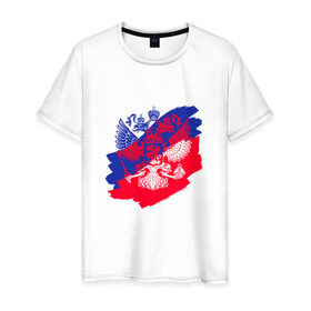 Мужская футболка хлопок с принтом Россия в Тюмени, 100% хлопок | прямой крой, круглый вырез горловины, длина до линии бедер, слегка спущенное плечо. | герб | патриот | россия | флаг | я русский