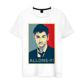 Мужская футболка хлопок с принтом Десятый доктор Allons-y! в Тюмени, 100% хлопок | прямой крой, круглый вырез горловины, длина до линии бедер, слегка спущенное плечо. | allons y | doctor who | десятый доктор | доктор кто