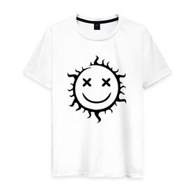 Мужская футболка хлопок с принтом Символ - позитивное солнце в Тюмени, 100% хлопок | прямой крой, круглый вырез горловины, длина до линии бедер, слегка спущенное плечо. | звезда | позитив | прикольный | смайл | солнце | улыбка