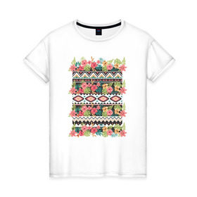 Женская футболка хлопок с принтом Flower pattern в Тюмени, 100% хлопок | прямой крой, круглый вырез горловины, длина до линии бедер, слегка спущенное плечо | 