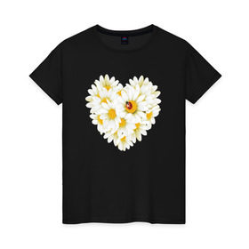 Женская футболка хлопок с принтом Цветущее сердце в Тюмени, 100% хлопок | прямой крой, круглый вырез горловины, длина до линии бедер, слегка спущенное плечо | любовь | ромашки | сердце | цветы