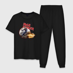 Мужская пижама хлопок с принтом Iron Maiden bike в Тюмени, 100% хлопок | брюки и футболка прямого кроя, без карманов, на брюках мягкая резинка на поясе и по низу штанин
 | скелет
