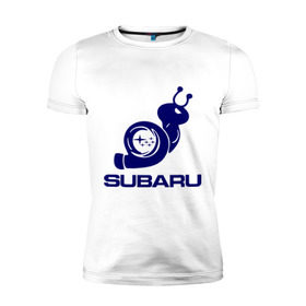 Мужская футболка премиум с принтом Subaru в Тюмени, 92% хлопок, 8% лайкра | приталенный силуэт, круглый вырез ворота, длина до линии бедра, короткий рукав | Тематика изображения на принте: subaru | авто | субарик | субару | турбина | улитка