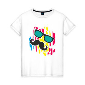 Женская футболка хлопок с принтом Летнее настроение в Тюмени, 100% хлопок | прямой крой, круглый вырез горловины, длина до линии бедер, слегка спущенное плечо | лето | настроение | очки | позитив | усы | цвет
