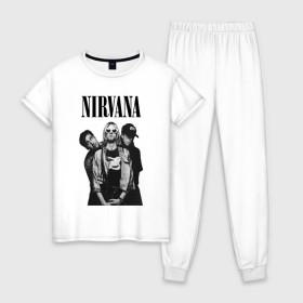 Женская пижама хлопок с принтом Nirvana Group в Тюмени, 100% хлопок | брюки и футболка прямого кроя, без карманов, на брюках мягкая резинка на поясе и по низу штанин | kurt cobain | nirvana | курт кобейн | нирвана | нранж