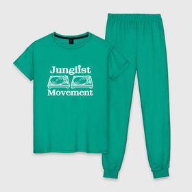 Женская пижама хлопок с принтом Junglist Movement в Тюмени, 100% хлопок | брюки и футболка прямого кроя, без карманов, на брюках мягкая резинка на поясе и по низу штанин | Тематика изображения на принте: jungle | junglist | junglist movement   одежда для трушных джанглистов | movement | уважающих корни днб.dnb