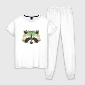 Женская пижама хлопок с принтом Енот, Мордочка енота в Тюмени, 100% хлопок | брюки и футболка прямого кроя, без карманов, на брюках мягкая резинка на поясе и по низу штанин | енот