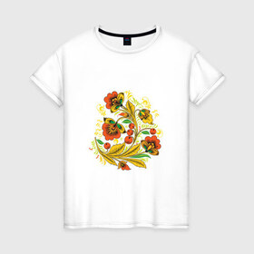 Женская футболка хлопок с принтом Хохлома в Тюмени, 100% хлопок | прямой крой, круглый вырез горловины, длина до линии бедер, слегка спущенное плечо | 
