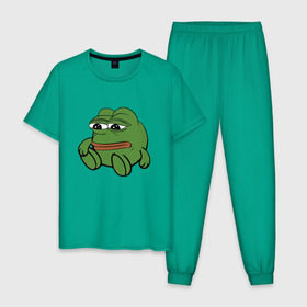 Мужская пижама хлопок с принтом Грустняш в Тюмени, 100% хлопок | брюки и футболка прямого кроя, без карманов, на брюках мягкая резинка на поясе и по низу штанин
 | pepe | грустная жаба | жаба | мем | пепе