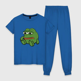 Женская пижама хлопок с принтом Грустняш в Тюмени, 100% хлопок | брюки и футболка прямого кроя, без карманов, на брюках мягкая резинка на поясе и по низу штанин | pepe | грустная жаба | жаба | мем | пепе