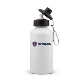 Бутылка спортивная с принтом SCANIA в Тюмени, металл | емкость — 500 мл, в комплекте две пластиковые крышки и карабин для крепления | Тематика изображения на принте: scania | грузовик | скания
