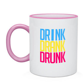 Кружка двухцветная с принтом Drink Drank Drunk в Тюмени, керамика | объем — 330 мл, диаметр — 80 мм. Цветная ручка и кайма сверху, в некоторых цветах — вся внутренняя часть | drank | drink | drink drank drunk | drunk