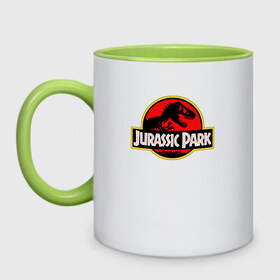 Кружка двухцветная с принтом Jurassic park в Тюмени, керамика | объем — 330 мл, диаметр — 80 мм. Цветная ручка и кайма сверху, в некоторых цветах — вся внутренняя часть | юрского периода