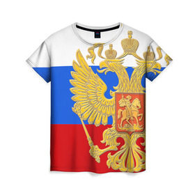 Женская футболка 3D с принтом Флаг и герб РФ в Тюмени, 100% полиэфир ( синтетическое хлопкоподобное полотно) | прямой крой, круглый вырез горловины, длина до линии бедер | герб | патриот | россия | рф | флаг
