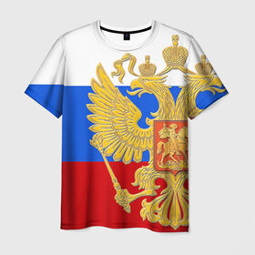 Мужская футболка 3D с принтом Флаг и герб РФ в Тюмени, 100% полиэфир | прямой крой, круглый вырез горловины, длина до линии бедер | герб | патриот | россия | рф | флаг