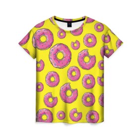 Женская футболка 3D с принтом Пончики в Тюмени, 100% полиэфир ( синтетическое хлопкоподобное полотно) | прямой крой, круглый вырез горловины, длина до линии бедер | donut | simpsons | паттерн | пончик