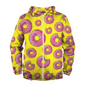 Мужская ветровка 3D с принтом Пончики в Тюмени, 100% полиэстер | подол и капюшон оформлены резинкой с фиксаторами, два кармана без застежек по бокам, один потайной карман на груди | donut | simpsons | паттерн | пончик