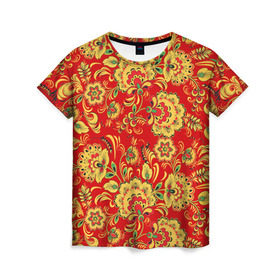 Женская футболка 3D с принтом Хохлома в Тюмени, 100% полиэфир ( синтетическое хлопкоподобное полотно) | прямой крой, круглый вырез горловины, длина до линии бедер | роспись | узор