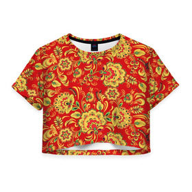 Женская футболка 3D укороченная с принтом Хохлома в Тюмени, 100% полиэстер | круглая горловина, длина футболки до линии талии, рукава с отворотами | роспись | узор
