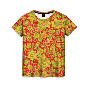 Женская футболка 3D с принтом Хохлома в Тюмени, 100% полиэфир ( синтетическое хлопкоподобное полотно) | прямой крой, круглый вырез горловины, длина до линии бедер | роспись | узор | хохлома