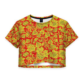 Женская футболка 3D укороченная с принтом Хохлома в Тюмени, 100% полиэстер | круглая горловина, длина футболки до линии талии, рукава с отворотами | роспись | узор | хохлома