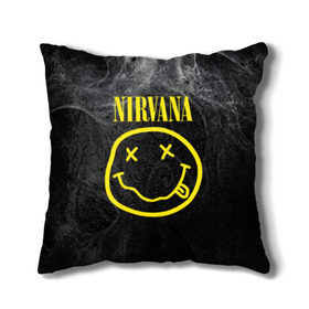 Подушка 3D с принтом Nirvana в Тюмени, наволочка – 100% полиэстер, наполнитель – холлофайбер (легкий наполнитель, не вызывает аллергию). | состоит из подушки и наволочки. Наволочка на молнии, легко снимается для стирки | cobain | curt | nirvana | rock | smile | кобейн | курт | рок | смайл