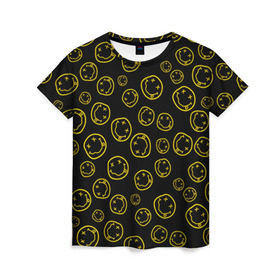 Женская футболка 3D с принтом Nirvana в Тюмени, 100% полиэфир ( синтетическое хлопкоподобное полотно) | прямой крой, круглый вырез горловины, длина до линии бедер | cobain | curt | nirvana | rock | smile | кобейн | курт | рок | смайл