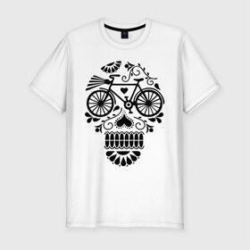 Мужская футболка премиум с принтом Велочереп в Тюмени, 92% хлопок, 8% лайкра | приталенный силуэт, круглый вырез ворота, длина до линии бедра, короткий рукав | bicycle | bike | biker | байк | велик | велосипед | велосипедист | велоспорт | велочереп | спорт | череп