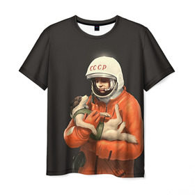 Мужская футболка 3D с принтом Гагарин в Тюмени, 100% полиэфир | прямой крой, круглый вырез горловины, длина до линии бедер | Тематика изображения на принте: гагарин | космос. россия | поехали | полет | собака | ссср