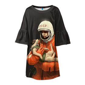 Детское платье 3D с принтом Гагарин в Тюмени, 100% полиэстер | прямой силуэт, чуть расширенный к низу. Круглая горловина, на рукавах — воланы | Тематика изображения на принте: гагарин | космос. россия | поехали | полет | собака | ссср