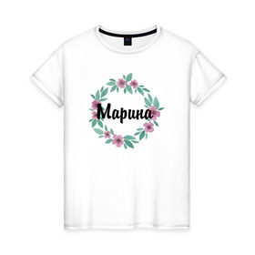 Женская футболка хлопок с принтом Марина в Тюмени, 100% хлопок | прямой крой, круглый вырез горловины, длина до линии бедер, слегка спущенное плечо | акварель | венок | марина | цветы